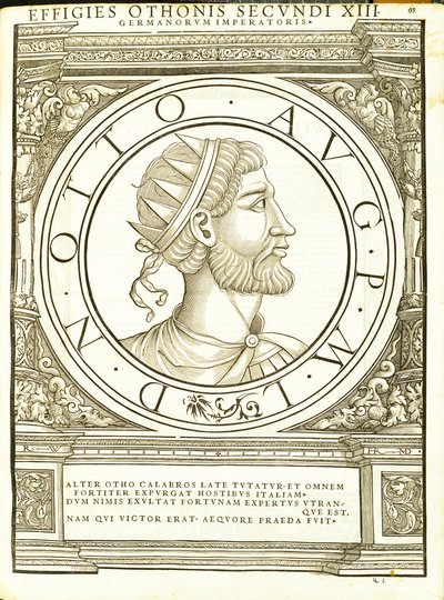 Otho II, illustratie uit Imperatorum romanorum omnium orientalium et occidentalium verissimae imagines ex antiquis numismatis, houtsnede door Rudolph Wyssenbach, gedrukt door Andreas Gesner, Zürich, 155 door Hans Rudolf Manuel Deutsch